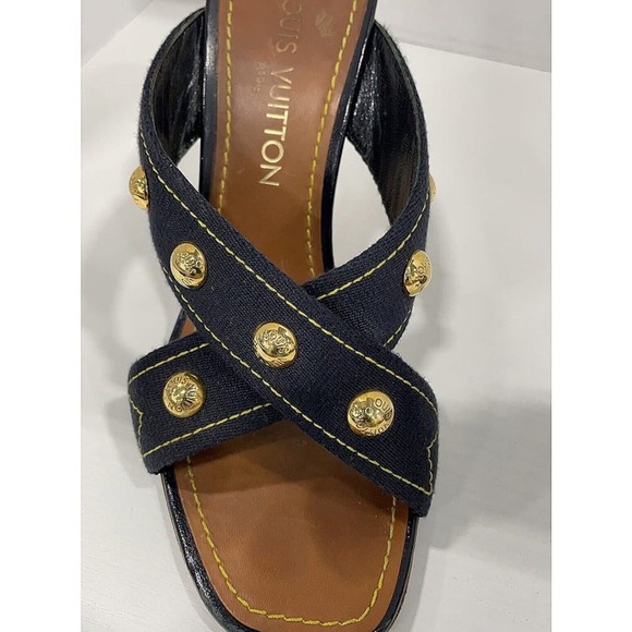 Authentic Louis Vuitton 05 Gold Stud Canvas Wedge Sole Sandals Sz 37.5 US 7.5 - Picture 2 of 10